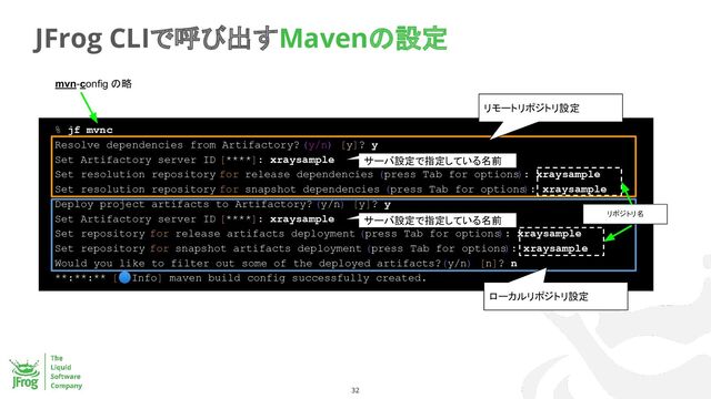 32
JFrog CLIで呼び出すMavenの設定
% jf mvnc
Resolve dependencies from Artifactory? (y/n) [y]? y
Set Artifactory server ID [****]: xraysample
Set resolution repository for release dependencies (press Tab for options
): xraysample
Set resolution repository for snapshot dependencies (press Tab for options
): xraysample
Deploy project artifacts to Artifactory? (y/n) [y]? y
Set Artifactory server ID [****]: xraysample
Set repository for release artifacts deployment (press Tab for options
): xraysample
Set repository for snapshot artifacts deployment (press Tab for options
): xraysample
Would you like to filter out some of the deployed artifacts? (y/n) [n]? n
**:**:** [🔵Info] maven build config successfully created.
リモートリポジトリ設定
ローカルリポジトリ設定
mvn-config の略
サーバ設定で指定している名前
サーバ設定で指定している名前
リポジトリ名
