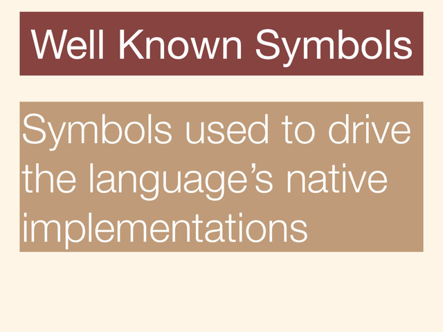 Symbols used to drive
the language’s native
implementations
Well Known Symbols
