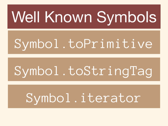 Well Known Symbols
Symbol.toPrimitive
Symbol.toStringTag
Symbol.iterator
