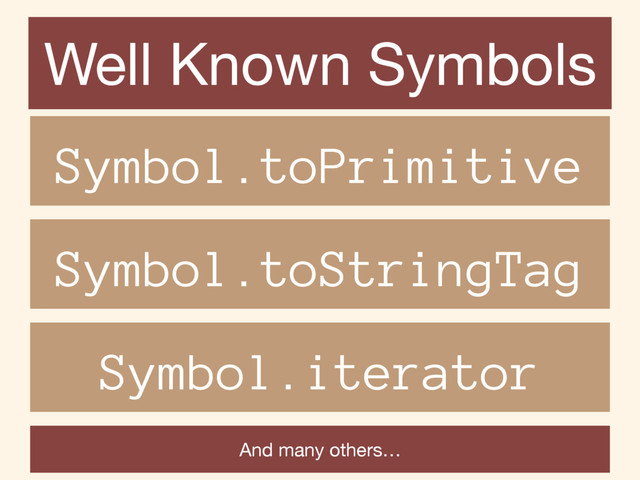 Well Known Symbols
Symbol.toPrimitive
Symbol.toStringTag
Symbol.iterator
And many others…
