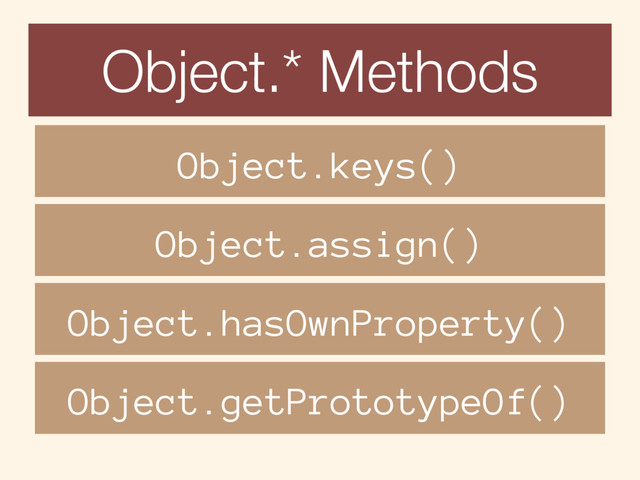 Object.* Methods
Object.keys()
Object.assign()
Object.hasOwnProperty()
Object.getPrototypeOf()
