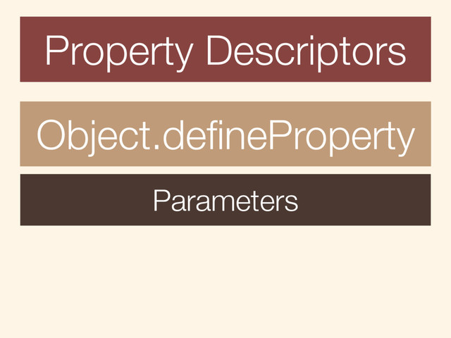 Property Descriptors
Object.deﬁneProperty
Parameters
