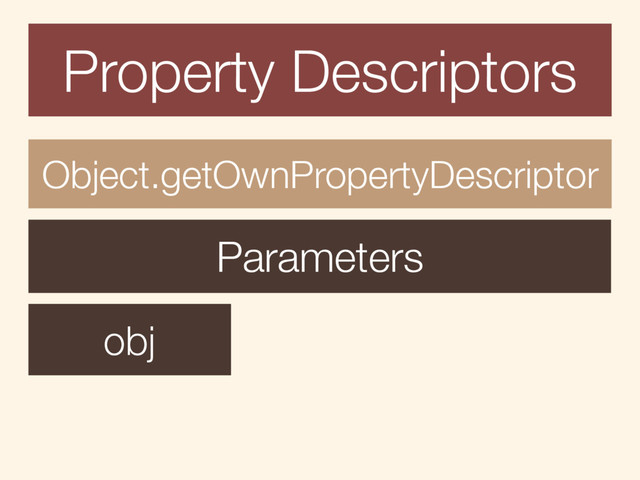 Property Descriptors
Object.getOwnPropertyDescriptor
obj
Parameters
