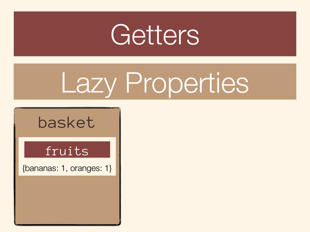Getters
Lazy Properties
basket
fruits
{bananas: 1, oranges: 1}
