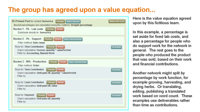 The group has agreed upon a value equation...
Here is the value equation agreed
upon by this fictitious team.
In this example, a percentage is
set aside for fixed lab costs, and
also a percentage for people who
do support work for the network in
general. The rest goes to the
people who produced the product
that was sold, based on their work
and financial contributions.
Another network might split by
percentage by work function, for
example growing, harvesting, and
drying herbs. Or translating,
editing, publishing a translated
work based on word count. These
examples use deliverables rather
than time as contributions.
