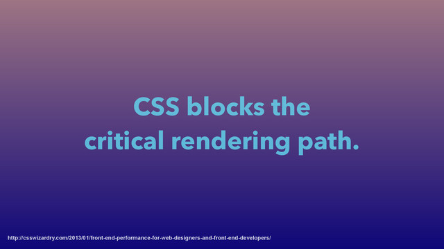 CSS blocks the
critical rendering path.
http://csswizardry.com/2013/01/front-end-performance-for-web-designers-and-front-end-developers/

