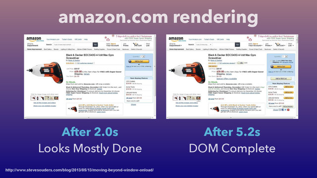 amazon.com rendering
http://www.stevesouders.com/blog/2013/05/13/moving-beyond-window-onload/
After 2.0s
Looks Mostly Done
After 5.2s
DOM Complete
