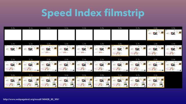 Speed Index ﬁlmstrip
http://www.webpagetest.org/result/140428_85_WV/
