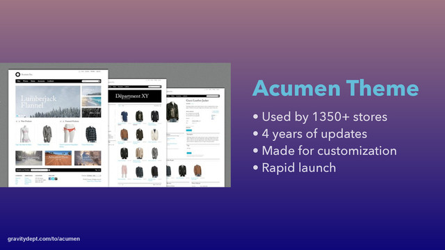 • Used by 1350+ stores
• 4 years of updates
• Made for customization
• Rapid launch
Acumen Theme
gravitydept.com/to/acumen
