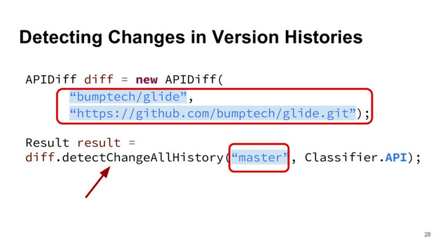 Detecting Changes in Version Histories
28
APIDiff diff = new APIDiff(
“bumptech/glide”,
“https://github.com/bumptech/glide.git”);
Result result =
diff.detectChangeAllHistory(“master”, Classifier.API);
