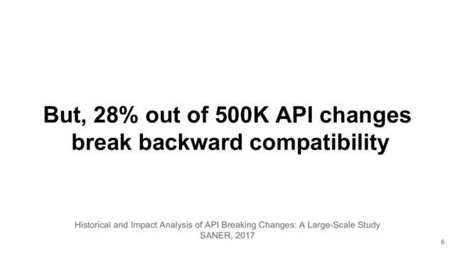But, 28% out of 500K API changes
break backward compatibility
Historical and Impact Analysis of API Breaking Changes: A Large-Scale Study
SANER, 2017
6

