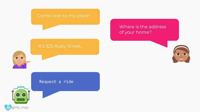 @
Where is the address
of your home?
It’s 325 Ruby Street.
Request a ride
Come over to my place!
