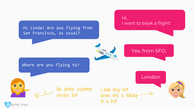 @
Hi,
I want to book a flight!
Yes, from SFO.
Where are you flying to?
London
Hi Linda! Are you flying from
San Francisco, as usual?
An airline customer
service bot
Linda may not
know she is talking
to a bot!
