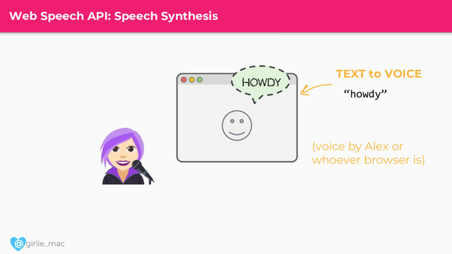 @
Web Speech API: Speech Synthesis
(voice by Alex or
whoever browser is)
TEXT to VOICE
“howdy”
Howdy
