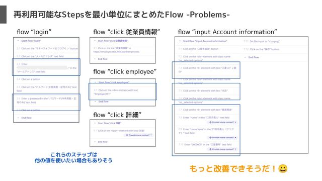 再利用可能なStepsを最小単位にまとめたFlow -Problems-
ﬂow “login”
これらのステップは
他の値を使いたい場合もありそう
ﬂow “click 従業員情報”
ﬂow “click employee”
ﬂow “click 詳細”
ﬂow “input Account information”
もっと改善できそうだ！😀
