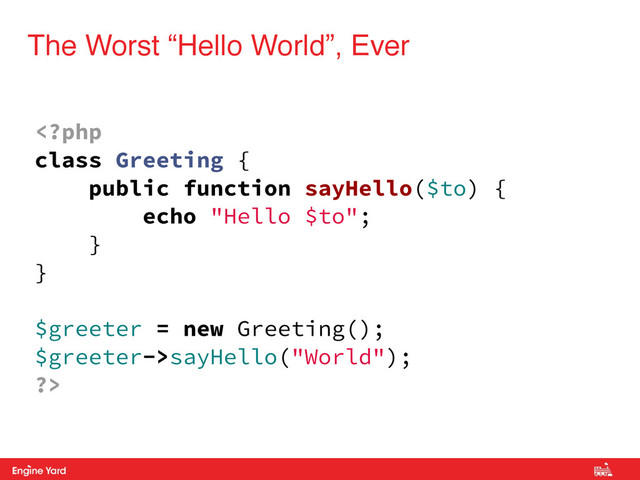 Proprietary and Confidential
The Worst “Hello World”, Ever
sayHello("World");
?>

