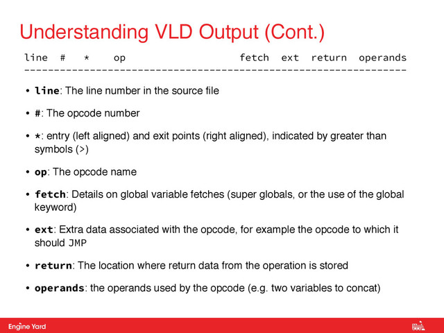 Proprietary and Confidential
Understanding VLD Output (Cont.)
• line: The line number in the source ﬁle
• #: The opcode number
• *: entry (left aligned) and exit points (right aligned), indicated by greater than
symbols (>)
• op: The opcode name
• fetch: Details on global variable fetches (super globals, or the use of the global
keyword)
• ext: Extra data associated with the opcode, for example the opcode to which it
should JMP
• return: The location where return data from the operation is stored
• operands: the operands used by the opcode (e.g. two variables to concat)
line # * op fetch ext return operands
----------------------------------------------------------------
