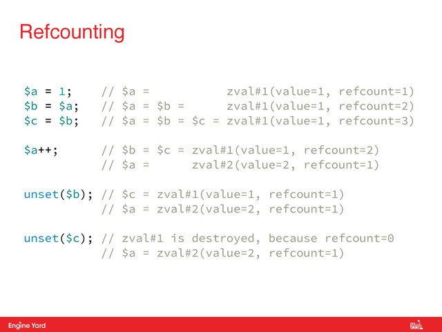 Proprietary and Confidential
Refcounting
$a = 1; // $a = zval#1(value=1, refcount=1)
$b = $a; // $a = $b = zval#1(value=1, refcount=2)
$c = $b; // $a = $b = $c = zval#1(value=1, refcount=3)
$a++; // $b = $c = zval#1(value=1, refcount=2)
// $a = zval#2(value=2, refcount=1)
unset($b); // $c = zval#1(value=1, refcount=1)
// $a = zval#2(value=2, refcount=1)
unset($c); // zval#1 is destroyed, because refcount=0
// $a = zval#2(value=2, refcount=1)
