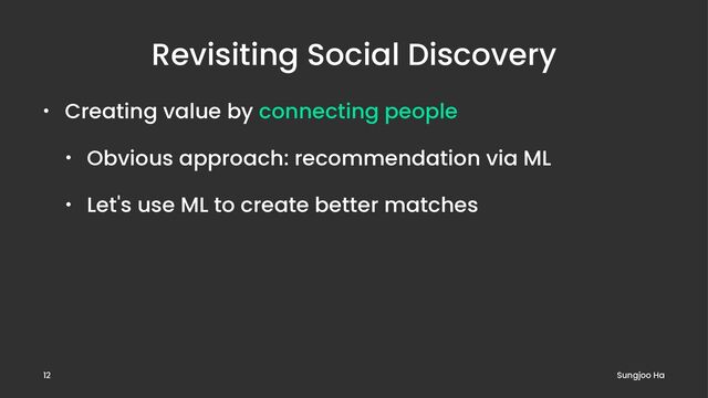 Revisiting Social Discovery
• Creating value by connecting people
• Obvious approach: recommendation via ML
• Let's use ML to create better matches
Sungjoo Ha
12
