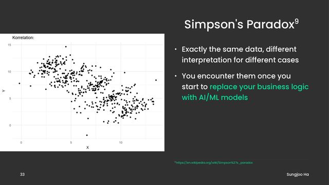 Simpson's Paradox9
• Exactly the same data, different
interpretation for different cases
• You encounter them once you
start to replace your business logic
with AI/ML models
9 https://en.wikipedia.org/wiki/Simpson%27s_paradox
Sungjoo Ha
33
