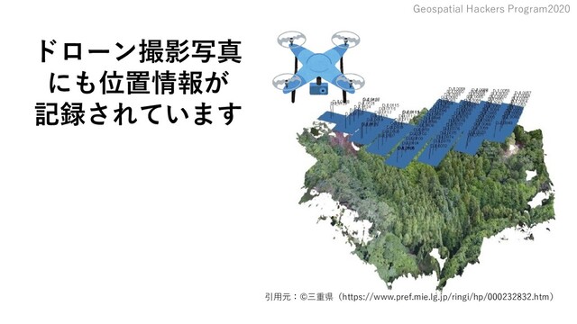 Geospatial Hackers Program2020
ドローン撮影写真
にも位置情報が
記録されています
引用元：©三重県（https://www.pref.mie.lg.jp/ringi/hp/000232832.htm）
