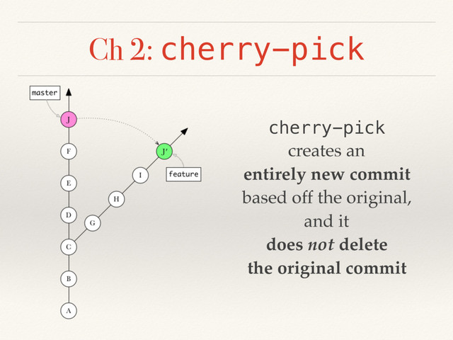 Ch 2: cherry-pick
cherry-pick
creates an
entirely new commit
based off the original,
and it
does not delete
the original commit
