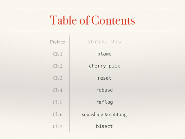 Table of Contents
Preface status, show
Ch 1 blame
Ch 2 cherry-pick
Ch 3 reset
Ch 4 rebase
Ch 5 reflog
Ch 6 squashing & splitting
Ch 7 bisect

