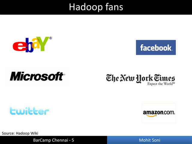Source: Hadoop Wiki
Hadoop fans
BarCamp Chennai - 5 Mohit Soni
