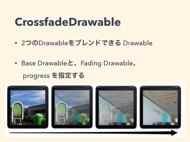 CrossfadeDrawable
• 2ͭͷDrawableΛϒϨϯυͰ͖Δ Drawable
• Base DrawableͱɺFading Drawableɺ 
progress Λࢦఆ͢Δ
