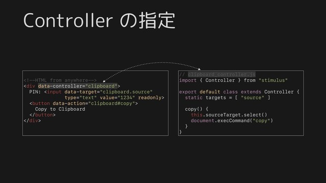 Controller の指定
// clipboard_controller.js
import { Controller } from "stimulus"
export default class extends Controller {
static targets = [ "source" ]
copy() {
this.sourceTarget.select()
document.execCommand("copy")
}
}
// clipboard_controller.js
import { Controller } from "stimulus"
export default class extends Controller {
static targets = [ "source" ]
copy() {
this.sourceTarget.select()
document.execCommand("copy")
}
}

<div>
PIN: 

Copy to Clipboard

</div>
