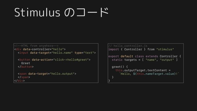 Stimulus のコード

<div>


Greet

<span>
</span>
</div>
// hello_controller.js
import { Controller } from "stimulus"
export default class extends Controller {
static targets = [ "name", "output" ]
greet() {
this.outputTarget.textContent =
`Hello, ${this.nameTarget.value}!`
}
}
