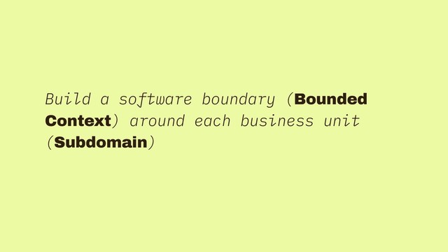 Build a software boundary (Bounded
Context) around each business unit
(Subdomain)
