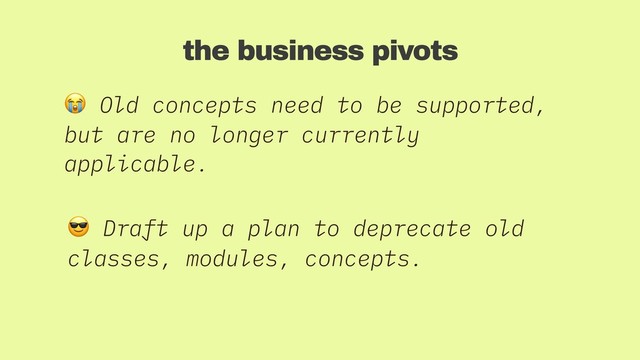 the business pivots
 Old concepts need to be supported,
but are no longer currently
applicable.
 Draft up a plan to deprecate old
classes, modules, concepts.
