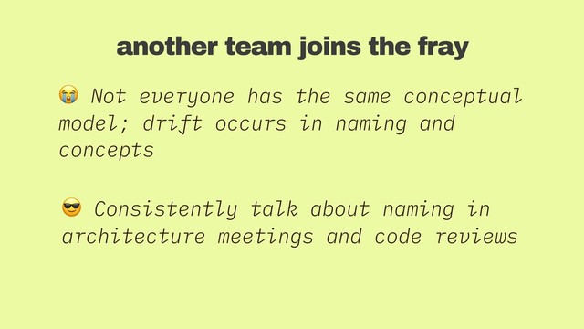 another team joins the fray
 Not everyone has the same conceptual
model; drift occurs in naming and
concepts
 Consistently talk about naming in
architecture meetings and code reviews
