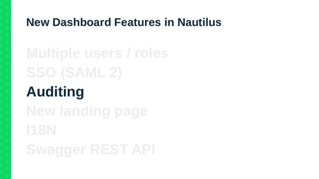 New Dashboard Features in Nautilus
Multiple users / roles
SSO (SAML 2)
Auditing
New landing page
I18N
Swagger REST API
