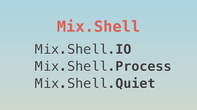 Mix.Shell
Mix.Shell.IO
Mix.Shell.Process
Mix.Shell.Quiet
