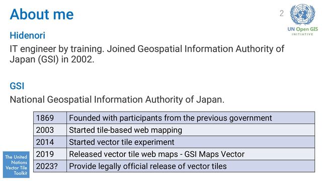 About me
Hidenori
IT engineer by training. Joined Geospatial Information Authority of
Japan (GSI) in 2002.
GSI
National Geospatial Information Authority of Japan.
2
1869 Founded with participants from the previous government
2003 Started tile-based web mapping
2014 Started vector tile experiment
2019 Released vector tile web maps - GSI Maps Vector
2023? Provide legally official release of vector tiles
