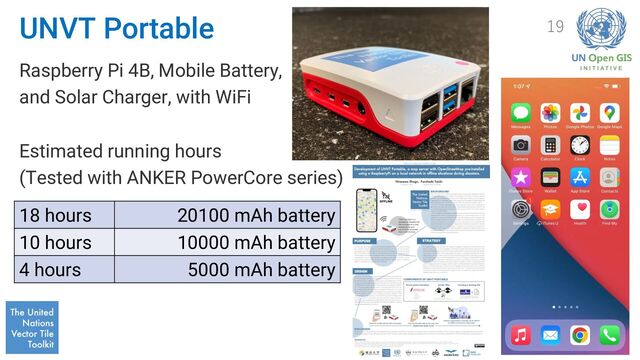UNVT Portable
Raspberry Pi 4B, Mobile Battery,
and Solar Charger, with WiFi
Estimated running hours
(Tested with ANKER PowerCore series)
19
18 hours 20100 mAh battery
10 hours 10000 mAh battery
4 hours 5000 mAh battery
