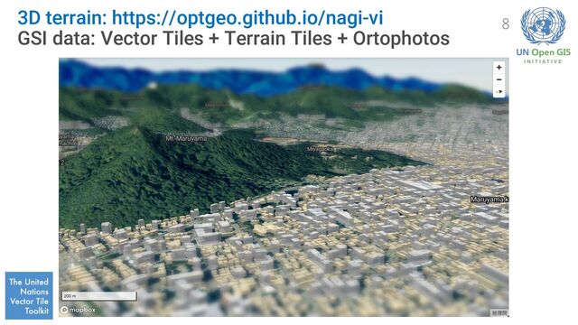 3D terrain: https://optgeo.github.io/nagi-vi
GSI data: Vector Tiles + Terrain Tiles + Ortophotos
8
