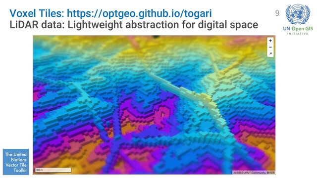 Voxel Tiles: https://optgeo.github.io/togari
LiDAR data: Lightweight abstraction for digital space
9
