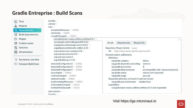 Gradle Entreprise : Build Scans
Copyright © 2022, Oracle and/or its affiliates
Visit https://ge.micronaut.io
