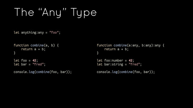 The “Any” Type
let anything:any = "foo";
function combine(a, b) {
return a + b;
}
let foo = 42;
let bar = "fred";
console.log(combine(foo, bar));
function combine(a:any, b:any):any {
return a + b;
}
let foo:number = 42;
let bar:string = "fred";
console.log(combine(foo, bar));
