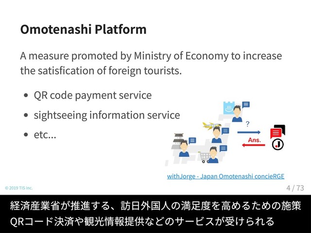 Omotenashi Platform
A measure promoted by Ministry of Economy to increase
the satisfication of foreign tourists.
QR code payment service
sightseeing information service
etc...
© 2019 TIS Inc.
withJorge - Japan Omotenashi concieRGE
経済産業省が推進する、訪日外国人の満足度を高めるための施策
QRコード決済や観光情報提供などのサービスが受けられる
4 / 73
