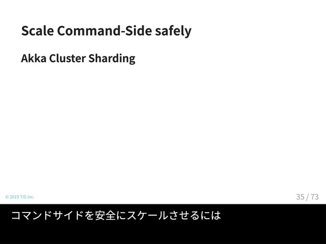 Scale Command-Side safely
Akka Cluster Sharding
© 2019 TIS Inc.
コマンドサイドを安全にスケールさせるには
35 / 73

