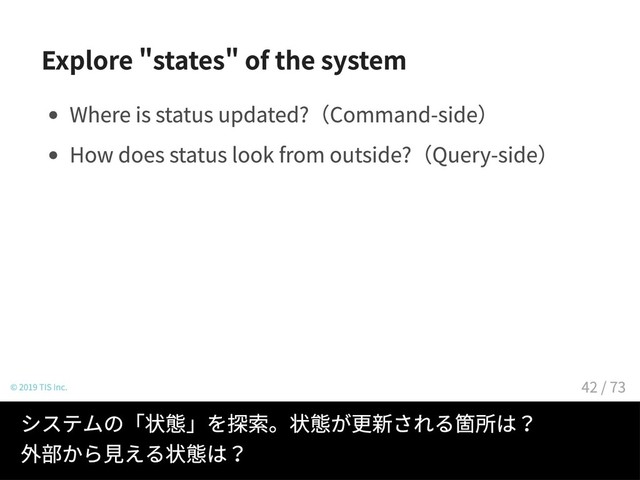 Explore states of the system
Where is status updated?（Command-side）
How does status look from outside?（Query-side）
© 2019 TIS Inc.
システムの「状態」を探索。状態が更新される箇所は？
外部から見える状態は？
42 / 73
