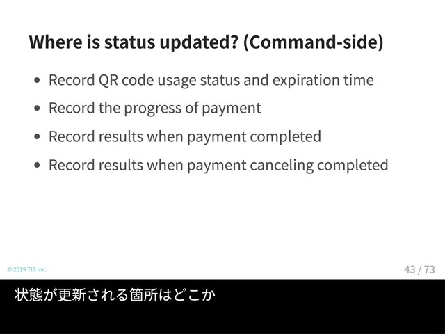 Where is status updated? (Command-side)
Record QR code usage status and expiration time
Record the progress of payment
Record results when payment completed
Record results when payment canceling completed
© 2019 TIS Inc.
状態が更新される箇所はどこか
43 / 73
