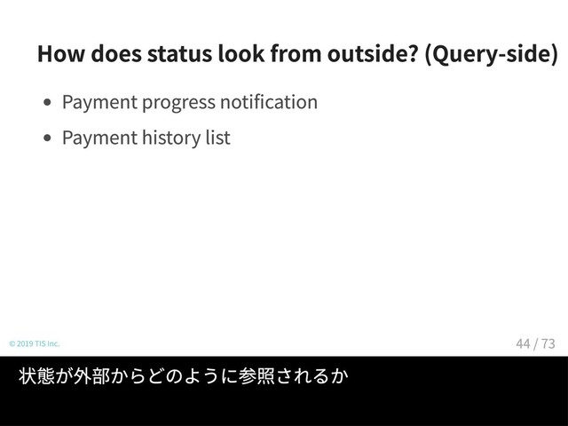 How does status look from outside? (Query-side)
Payment progress notification
Payment history list
© 2019 TIS Inc.
状態が外部からどのように参照されるか
44 / 73
