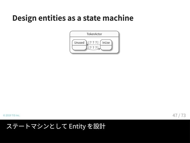 Design entities as a state machine
TokenActor
Unused InUse
[？？？]
[？？？]
© 2019 TIS Inc.
ステートマシンとして Entity を設計
47 / 73
