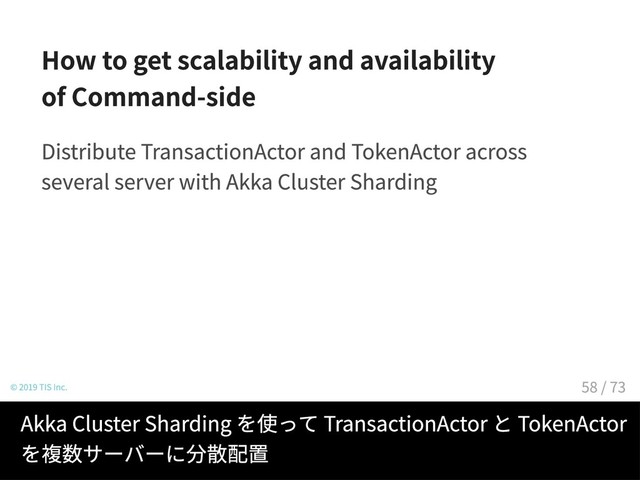 How to get scalability and availability
of Command-side
Distribute TransactionActor and TokenActor across
several server with Akka Cluster Sharding
© 2019 TIS Inc.
Akka Cluster Sharding を使って TransactionActor と TokenActor
を複数サーバーに分散配置
58 / 73
