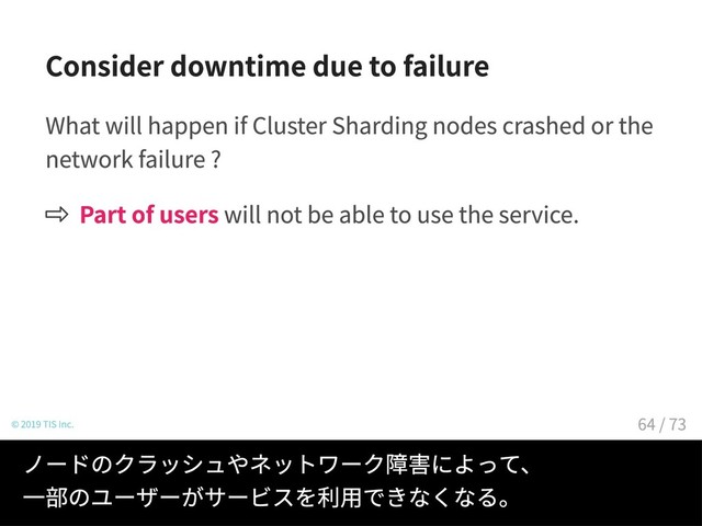 Consider downtime due to failure
What will happen if Cluster Sharding nodes crashed or the
network failure ?
Part of users will not be able to use the service.
© 2019 TIS Inc.
ノードのクラッシュやネットワーク障害によって、
一部のユーザーがサービスを利用できなくなる。
64 / 73
